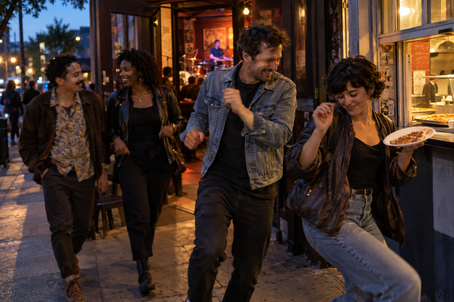 Friends dancing on the sidewalk outside a pizza window after a show