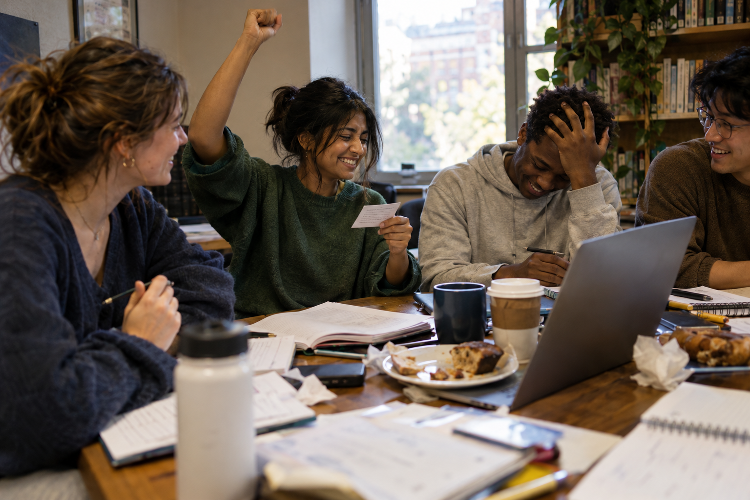 A study group celebrating a quiz win