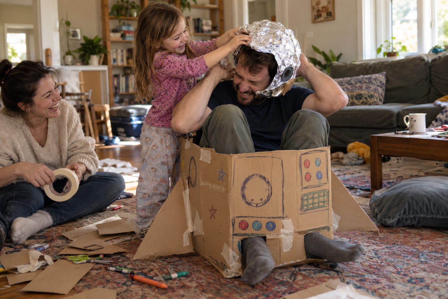 A dad in a cardboard rocket getting a foil helmet from his daughter
