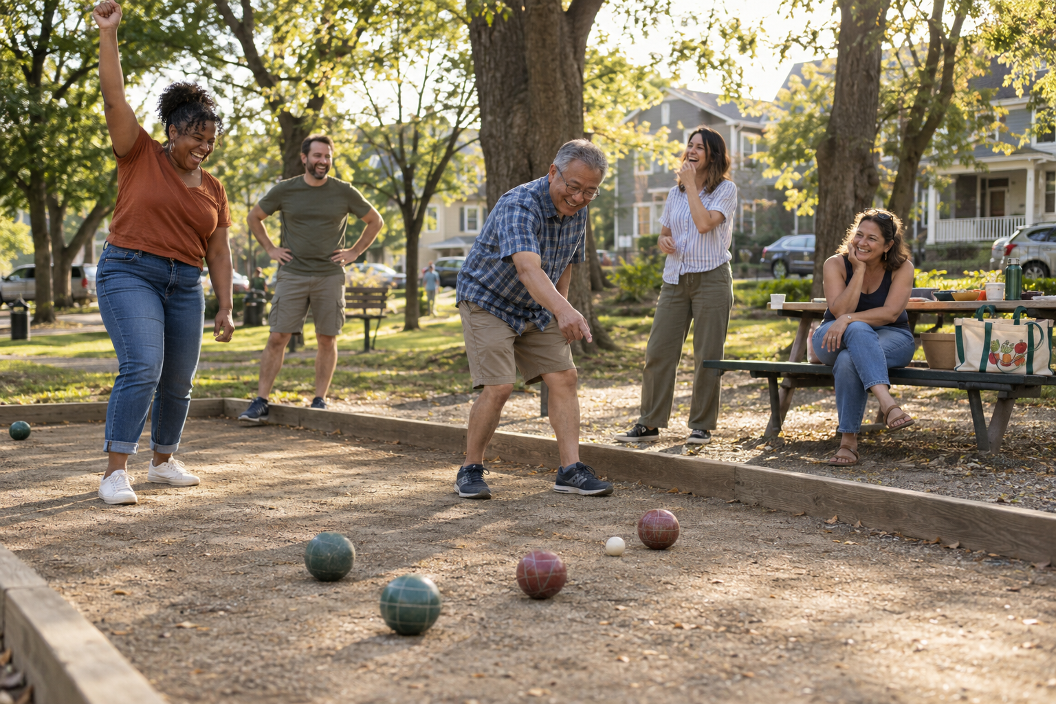 Neighbors cheering during a bocce game in a park