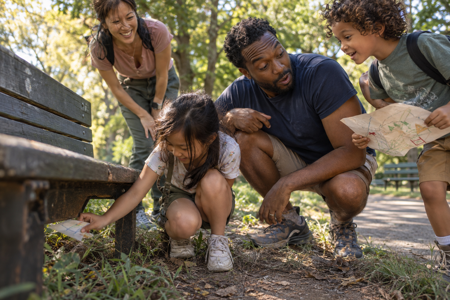 A family finding a hidden clue under a park bench