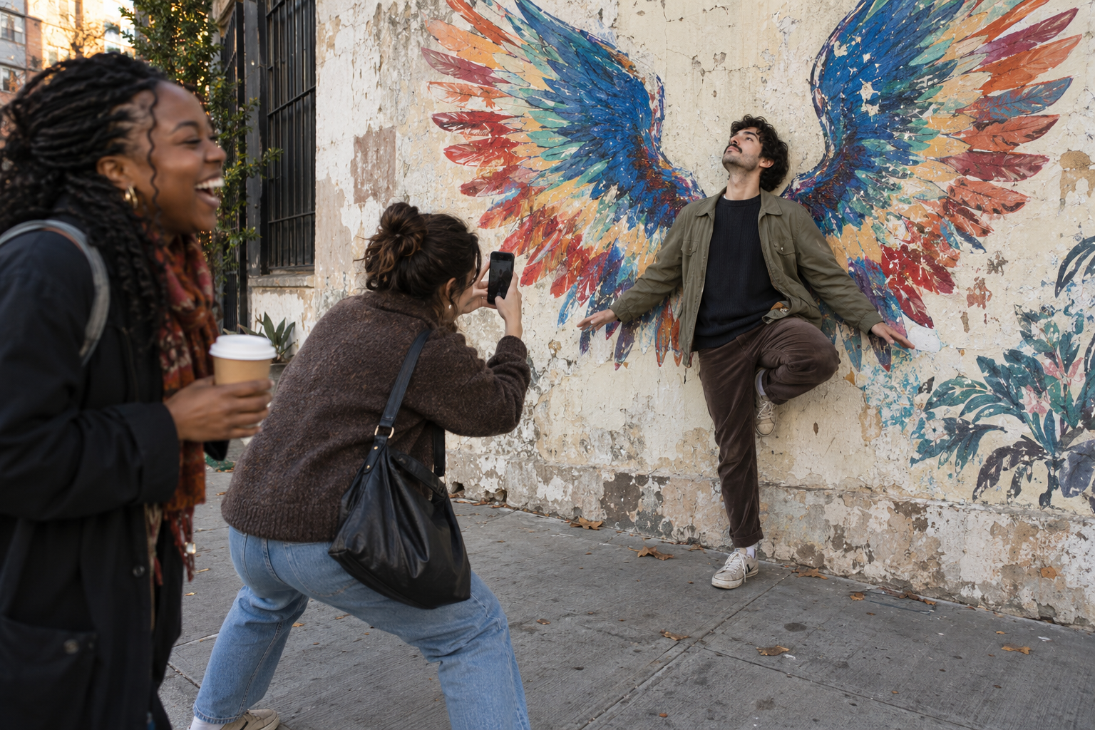 A friend posing in front of a winged mural while another takes his photo