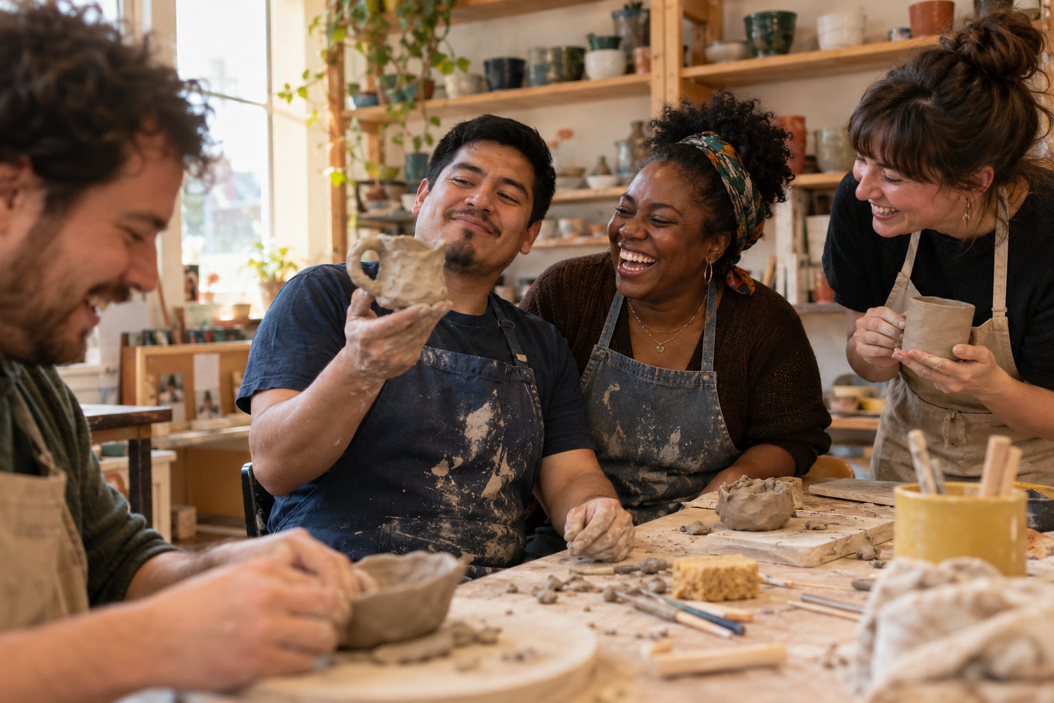 Friends laughing at a lopsided mug in a pottery class