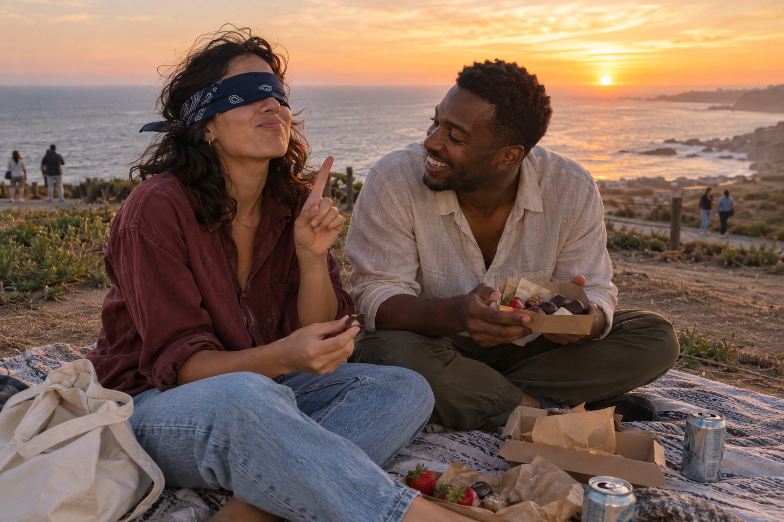 A couple doing a blindfolded chocolate tasting on a blanket at sunset by the sea