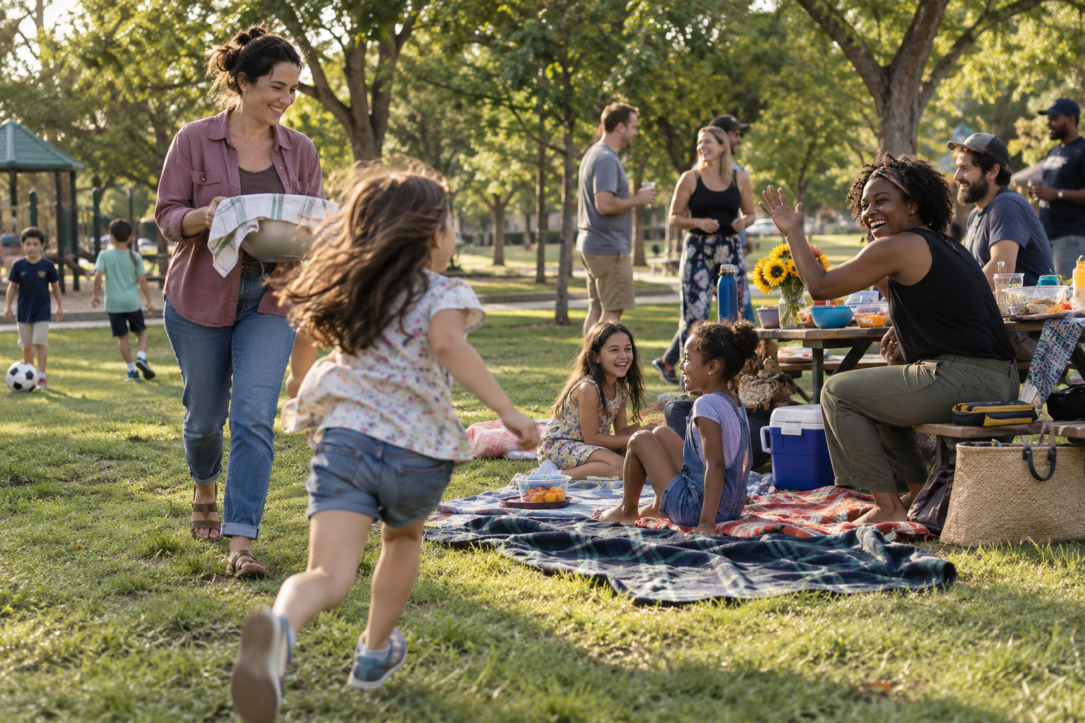 Families arriving at a neighborhood picnic in the park