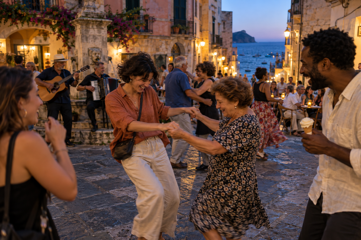 Travelers dancing with locals in a seaside piazza at dusk
